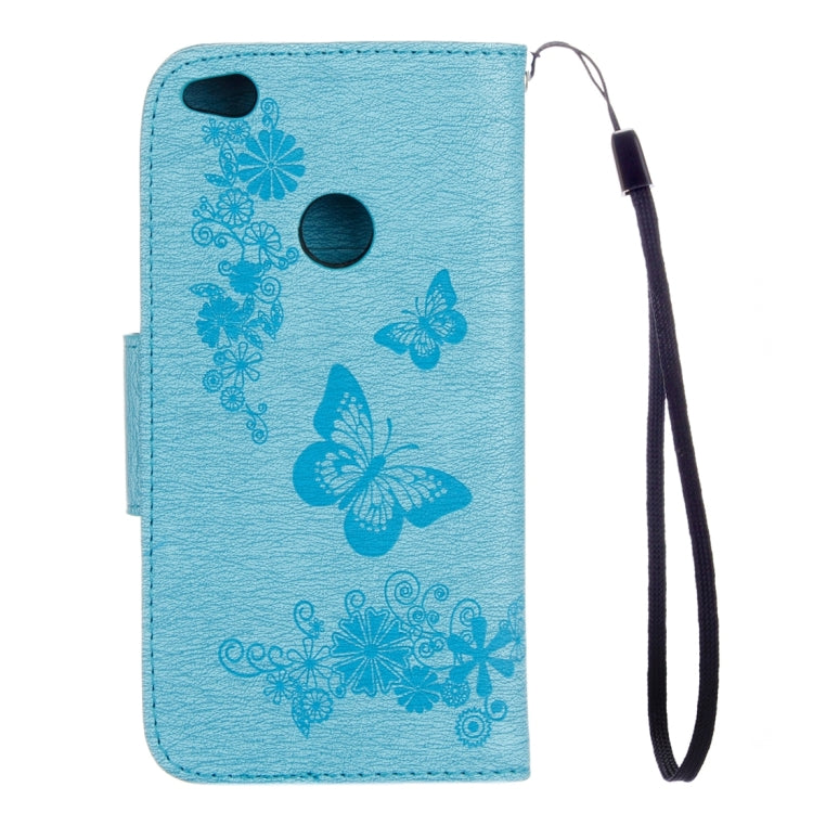 For Huawei P8 Lite (2017) Butterflies Embossing Horizontal Flip Leather Case with Holder & Card Slots & Wallet & Lanyard (Blue)