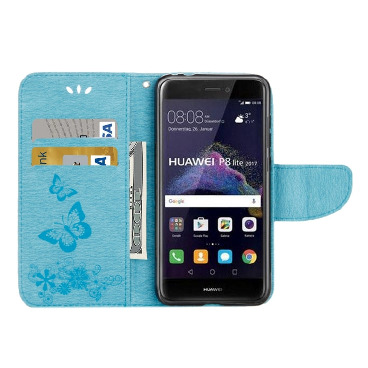 For Huawei P8 Lite (2017) Butterflies Embossing Horizontal Flip Leather Case with Holder & Card Slots & Wallet & Lanyard (Blue)