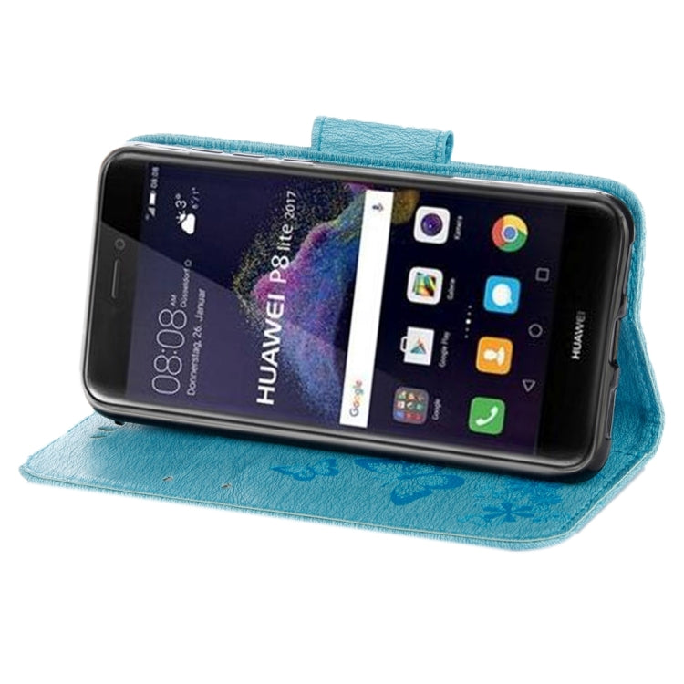 For Huawei P8 Lite (2017) Butterflies Embossing Horizontal Flip Leather Case with Holder & Card Slots & Wallet & Lanyard (Blue)