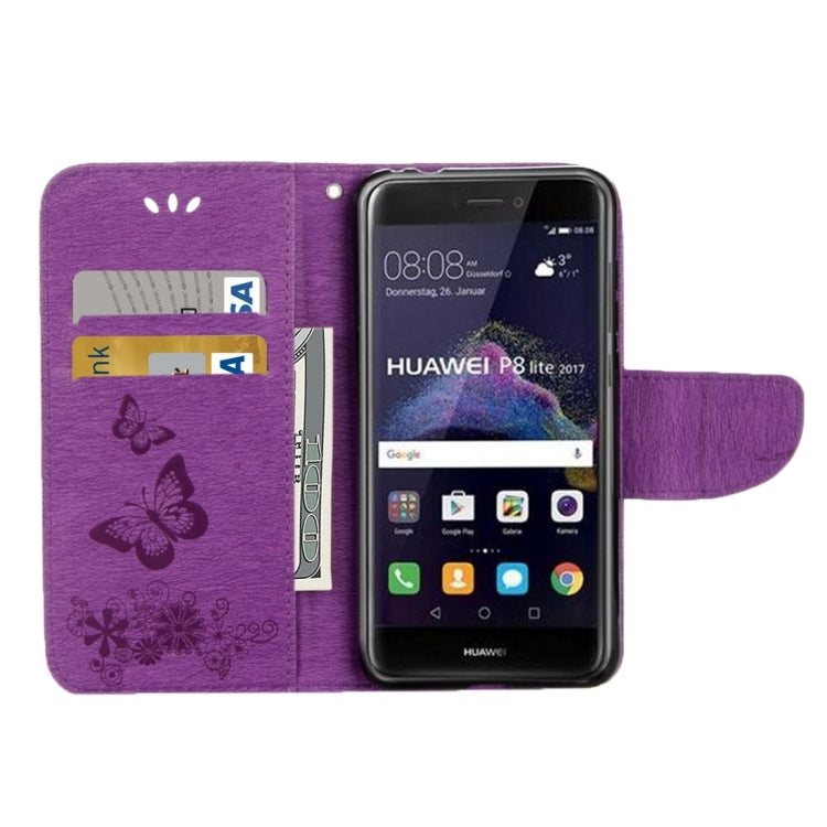 For Huawei P8 Lite (2017) Butterflies Embossing Horizontal Flip Leather Case with Holder & Card Slots & Wallet & Lanyard (Purple)