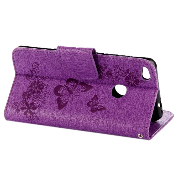 For Huawei P8 Lite (2017) Butterflies Embossing Horizontal Flip Leather Case with Holder & Card Slots & Wallet & Lanyard (Purple)
