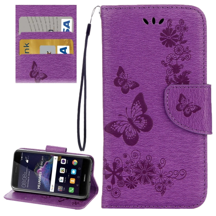 For Huawei P8 Lite (2017) Butterflies Embossing Horizontal Flip Leather Case with Holder & Card Slots & Wallet & Lanyard (Purple)