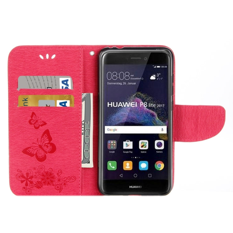 For Huawei P8 Lite (2017) Butterflies Embossing Horizontal Flip Leather Case with Holder & Card Slots & Wallet & Lanyard (Red)