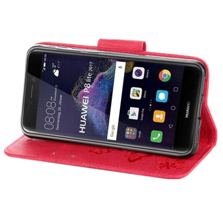 For Huawei P8 Lite (2017) Butterflies Embossing Horizontal Flip Leather Case with Holder & Card Slots & Wallet & Lanyard (Red)