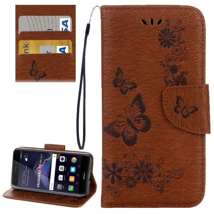 For Huawei P8 Lite (2017) Butterflies Embossing Horizontal Flip Leather Case with Holder & Card Slots & Wallet & Lanyard (Brown)