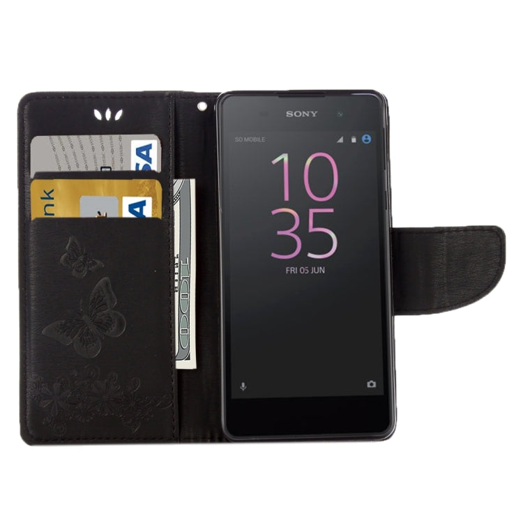 For Sony Xperia E5 Butterflies Embossing Horizontal Flip Leather Case with Holder & Card Slots & Wallet & Lanyard(Black)