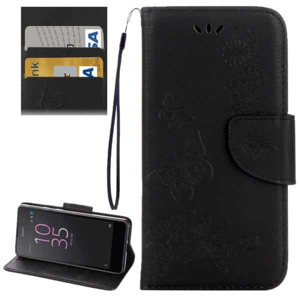 For Sony Xperia E5 Butterflies Embossing Horizontal Flip Leather Case with Holder & Card Slots & Wallet & Lanyard(Black)