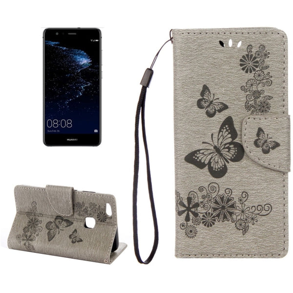 For Huawei P10 Lite Butterflies Embossing Horizontal Flip Leather Case with Holder & Card Slots & Wallet & Lanyard (Grey)