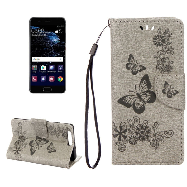 For Huawei P10 Plus Butterflies Embossing Horizontal Flip Leather Case with Holder & Card Slots & Wallet & Lanyard(Grey)