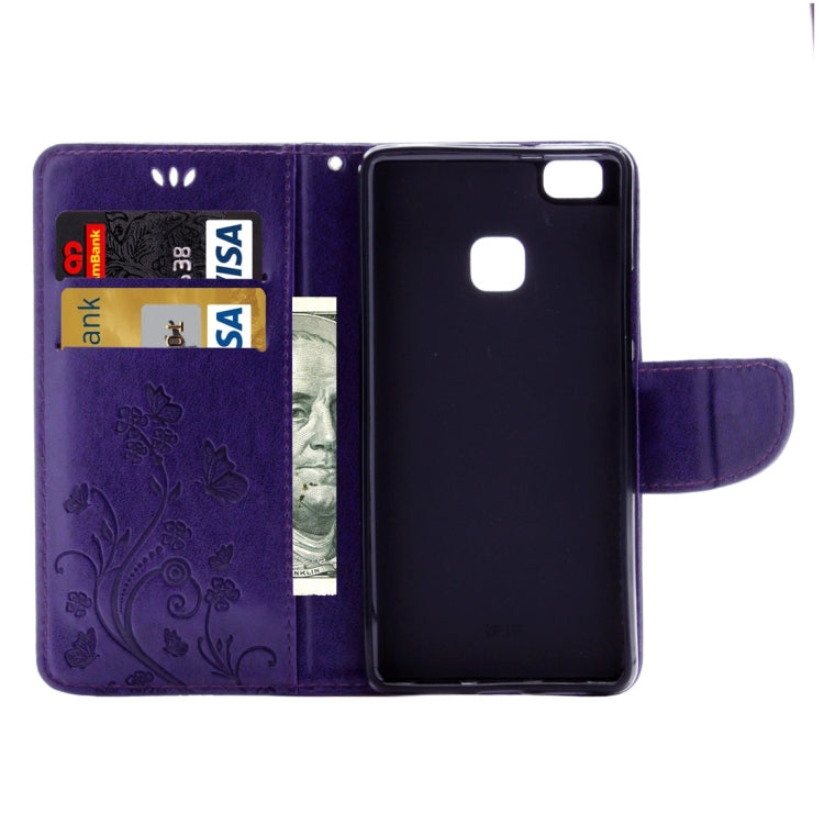 For Huawei P9 Lite Butterflies Embossing Horizontal Flip Leather Case with Holder & Card Slots & Wallet & Lanyard(Purple)