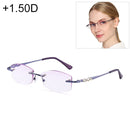 Women Rimless Rhinestone Trimmed Purple Presbyopic Glasses, +1.50D