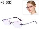 Women Rimless Rhinestone Trimmed Purple Presbyopic Glasses, +3.50D