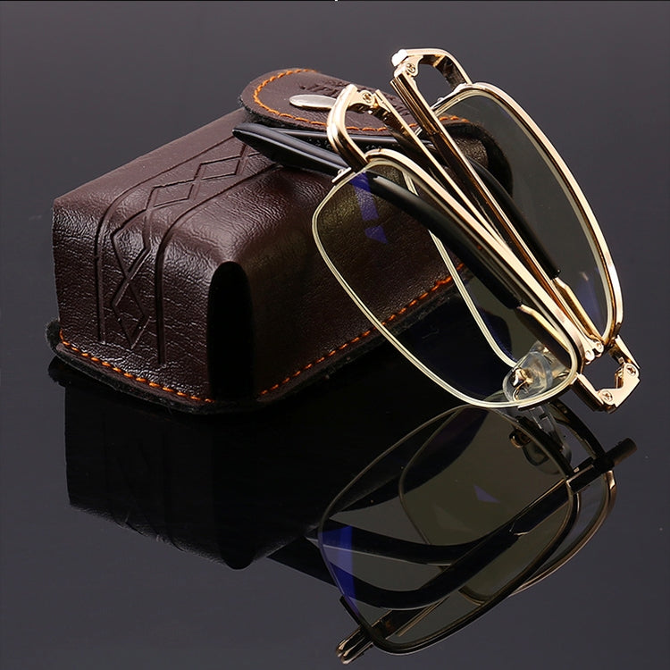 Folding Anti Blue-ray Presbyopic Reading Glasses with Case & Cleaning Cloth, +1.50D(Gold)