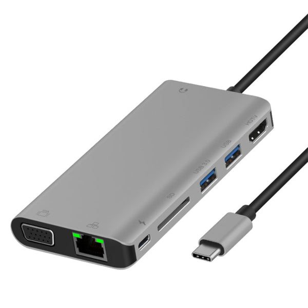 Onten 9591BD 8 in 1 USB-C / Type-C to PD USB-C / Type-C Charging + 100M Ethernet Port + Dual USB 3.0 + HDMI + VGA + SD Card Slot + 3.5mm AUX HUB (Grey)