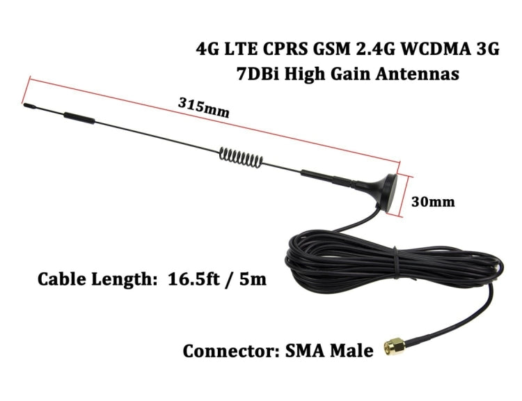 7dBi SMA Male Connector High Gain 4G LTE CPRS GSM 2.4G WCDMA 3G Antenna Network Reception Adapter