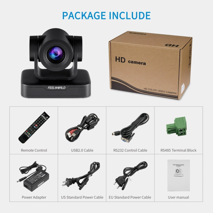 FEELWORLD USB10X 10X Optical Zoom 1080P USB PTZ Video Conference Camera, EU and US Plug(Black)