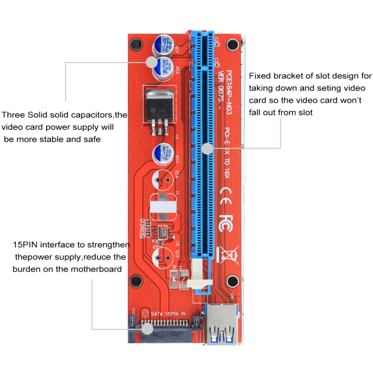 USB 3.0 PCI-E Express 1x to 16x PCI-E Extender Riser Card Adapter 15 Pin SATA Power with USB Cable