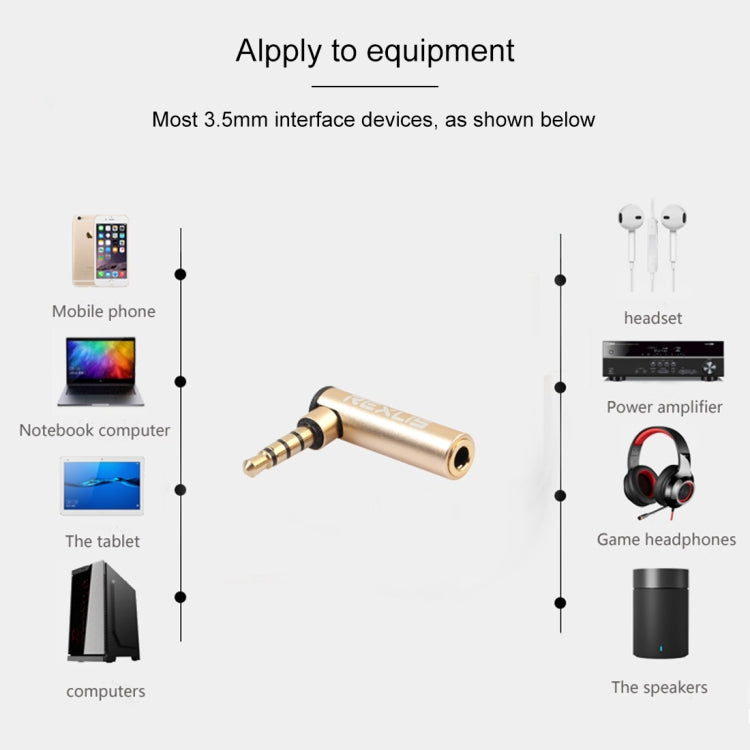 REXLIS BK3567 3.5mm Male + 3.5mm Female L-shaped 90 Degree Elbow Gold-plated Plug Gold Audio Interface Extension Adapter for 3.5mm Interface Devices, Support Earphones with Microphone