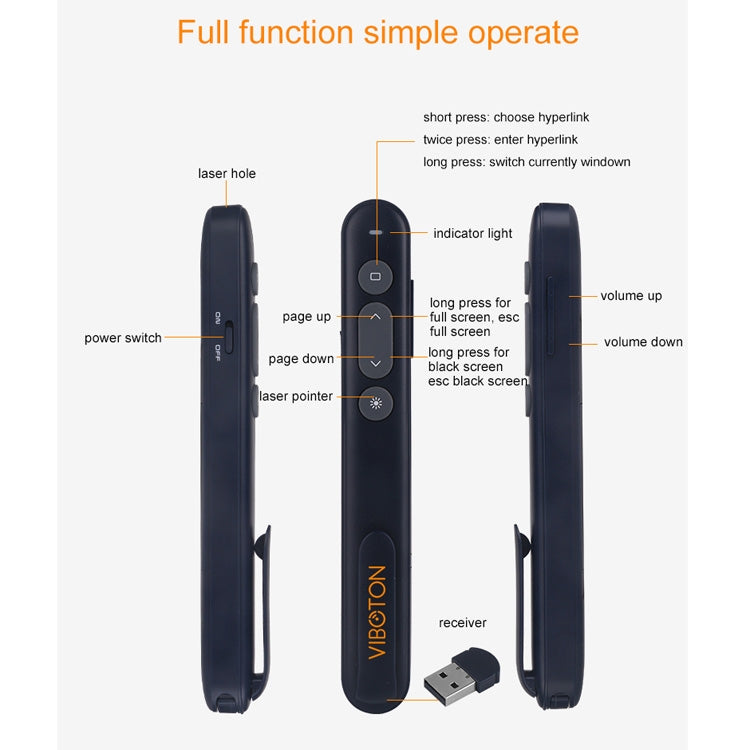 VIBOTON PP936 3R 2.4GHz Wireless Transmission Multimedia Presenter with 650mm Red Light Laser Pointer & USB Receiver for Projector / PC / Laptop