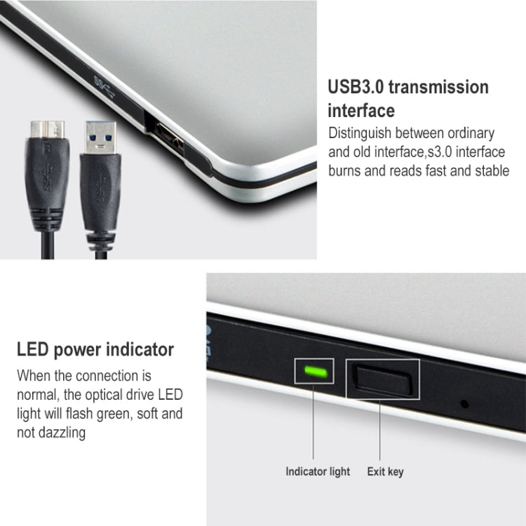 Aluminum Alloy External DVD Recorder USB3.0 Mobile External Desktop Laptop Optical Drive (Silver)