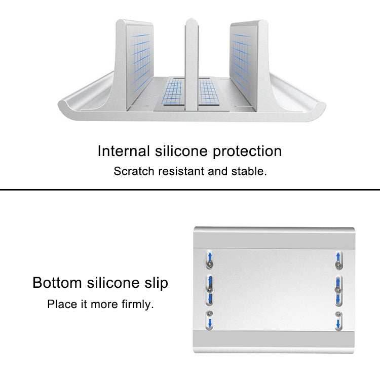 Universal Portable Aluminum Alloy Double Slot Width Adjustable Laptop Vertical Storage Stand Base(Silver)