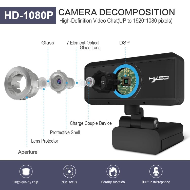 HXSJ S4 1080P Adjustable 180 Degree HD Manual Focus Video Webcam PC Camera with Microphone(Black)