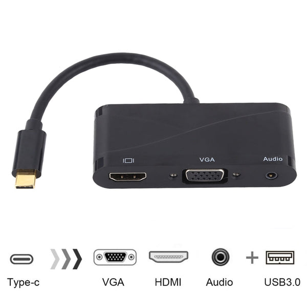 USB 2.0 + Audio Port + VGA + HDMI to USB-C / Type-C HUB Adapter (Black)