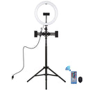 PULUZ 10.2 inch 26cm RGBW Light + 1.65m Tripod Mount + Dual Phone Bracket Curved Surface USB RGBW Dimmable LED Ring Selfie Beauty Vlogging Video Light Live Broadcast Kits with Cold Shoe Tripod Ball Head & Phone Clamp & Remote Control(Black)
