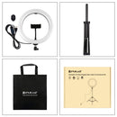 PULUZ 10.2 inch 26cm Light + 1.65m Tripod Mount Curved Surface USB 3 Modes Dimmable Dual Color Temperature Ring Vlogging Video Light Live Broadcast Kits with Phone Clamp & Selfie Remote Control(Black)