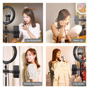 PULUZ 10.2 inch 26cm Light + 1.1m Tripod Mount + Dual Phone Brackets USB 3 Modes Dimmable Dual Color Temperature LED Curved Diffuse Light Ring Vlogging Selfie Photography Video Lights with Phone Clamp & Selfie Remote Control(Black)