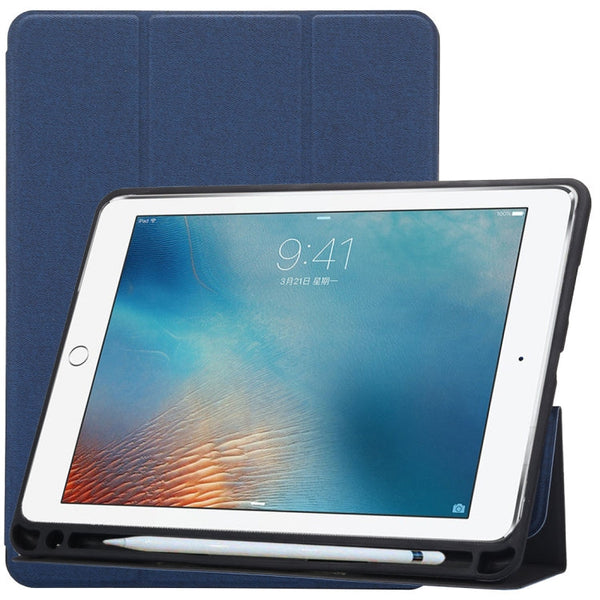 Cloth Texture Pattern Case for iPad 9.7 (2018) & iPad 9.7 inch (2017), with Three-folding Holder & Pen Slots(Blue)