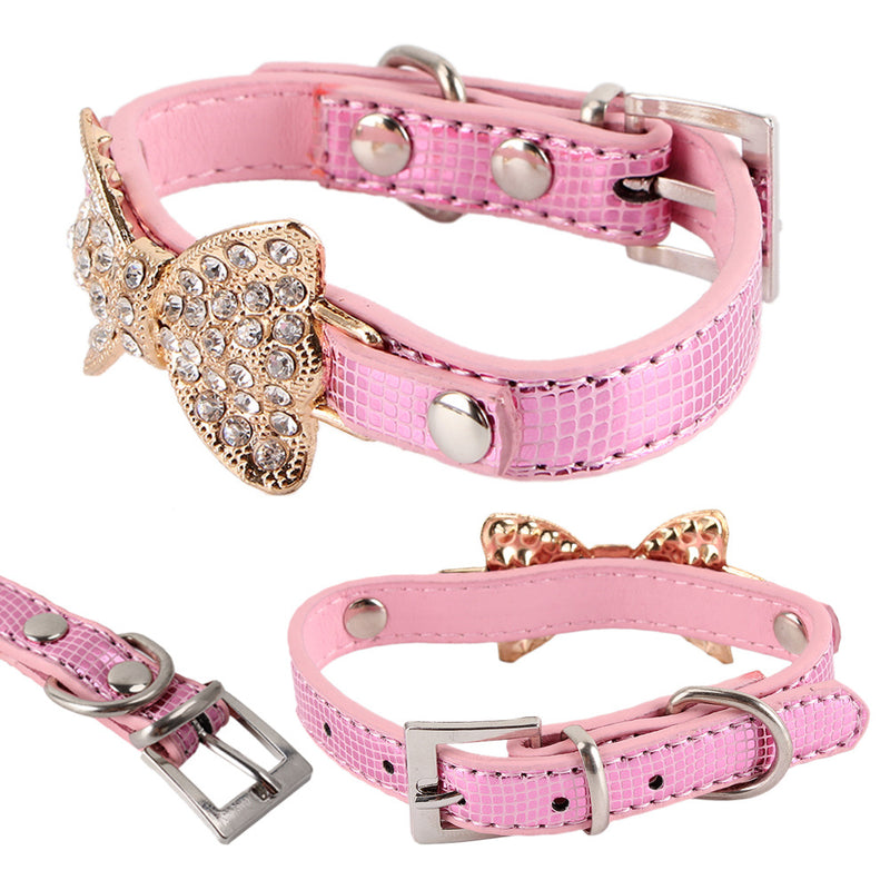 1Pc Rhinestone Dog Collar Small Dogs Crystal Bow PU Leather Cats Pet Necklace