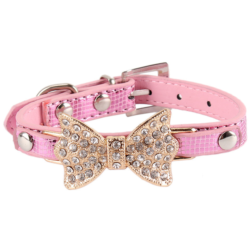 1 x Pet Dog Puppy Neck Ajustable Buckle Safety Collars Rhinestone Bow Design S