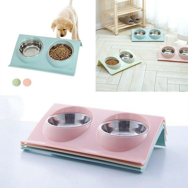 2Pcs Pet Dog Bowl Stainless Steel Double Bowl Elevated Food Water Dish Feeder