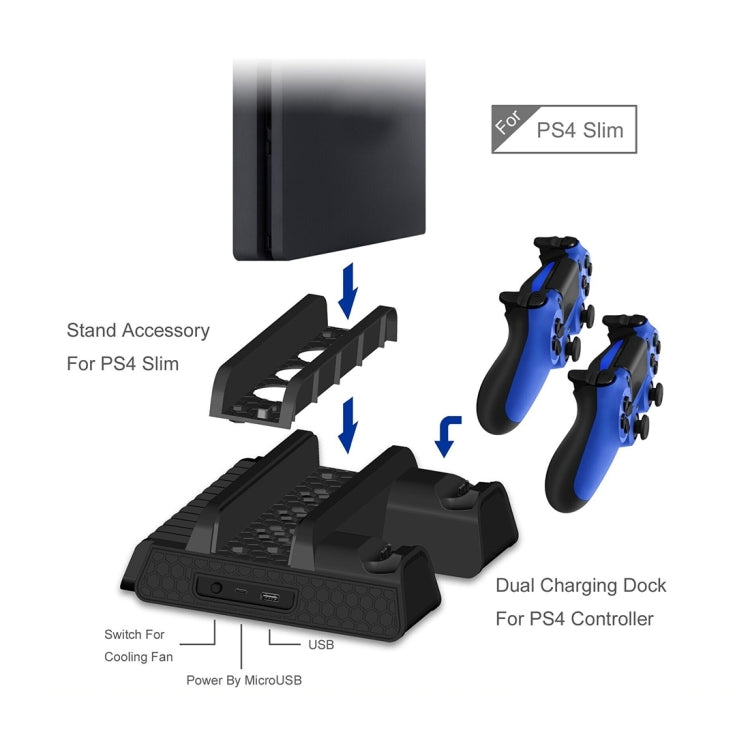 DOBE TP4-882 3 in 1 Game Console Cooling Fan + Game Storage Slots + Game Controller Charging Dock for Sony PS4 / PS4 Pro / PS4 Slim(Black)