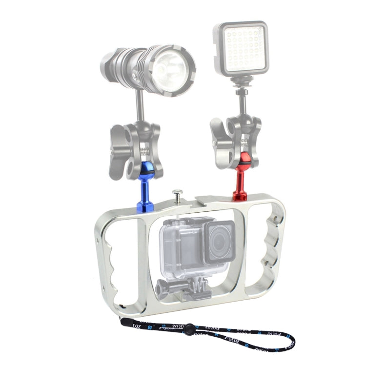 PULUZ Dual Handheld Diving Light Arm CNC Aluminum Mount with Lanyard for GoPro HERO10 Black / HERO9 Black / HERO8 Black / HERO7 /6 /5 /5 Session /4 Session /4 /3+ /3 /2 /1, Insta360 ONE R, DJI Osmo Action and Other Action Cameras(Silver)