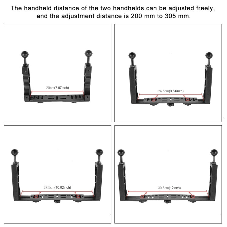 PULUZ Adjustable Diving Dual Hand-held CNC Aluminum Lamp Arm Holder for GoPro HERO10 Black / HERO9 Black / HERO8 Black / HERO7 /6 /5 /5 Session /4 Session /4 /3+ /3 /2 /1, Insta360 ONE R, DJI Osmo Action and Other Action Cameras