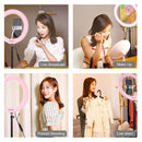 PULUZ 10.2 inch 26cm USB RGBW Dimmable LED Ring Vlogging Photography Video Lights with Tripod Ball Head & Remote Control & Phone Clamp(Pink)