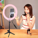 PULUZ 10.2 inch 26cm USB RGBW Dimmable LED Ring Vlogging Photography Video Lights with Tripod Ball Head & Remote Control & Phone Clamp(Pink)