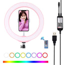 PULUZ 10.2 inch 26cm USB RGBW Dimmable LED Ring Vlogging Photography Video Lights with Tripod Ball Head & Remote Control & Phone Clamp(Pink)