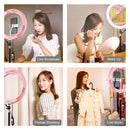 PULUZ 10.2 inch 26cm Curved Surface USB RGBW Dimmable LED Ring Vlogging Photography Video Lights with Tripod Ball Head & Remote Control & Phone Clamp(Pink)