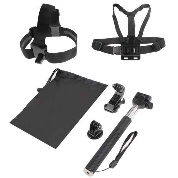 ST-143 6 in 1 Chest Strap (Type B) + Head Strap (Type B) + Monopod Pole + Tripod Adapter + J-shaped Bracket + Pouch for GoPro HERO10 Black / HERO9 Black / HERO8 Black / NEW HERO /HERO7 /6/ 5 /5 Session /4 /3+ /3 /2 /1(Black)