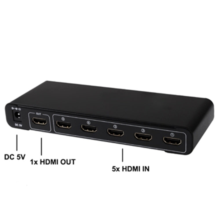 5 Ports Full HD 1080P HDMI Switch with Switch & Remote Controller, 1.3 Version (5 Ports HDMI Input, 1 Port HDMI Output)(Black)