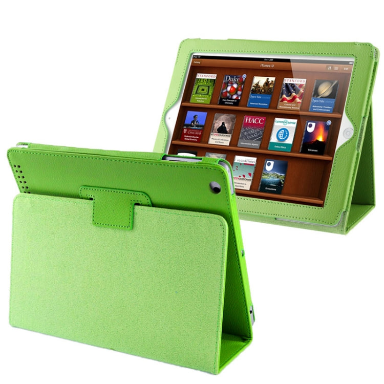 High Quality Litchi Texture Folding Leather with Sleep / Wake-up & Holder Function for iPad 2 / iPad 3 / iPad 4 (Green)