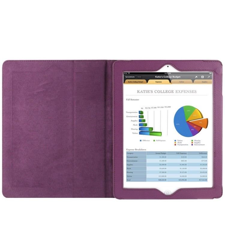 High Quality Litchi Texture Folding Leather with Sleep / Wake-up & Holder Function for iPad 2 / iPad 3 / iPad 4 (Purple)
