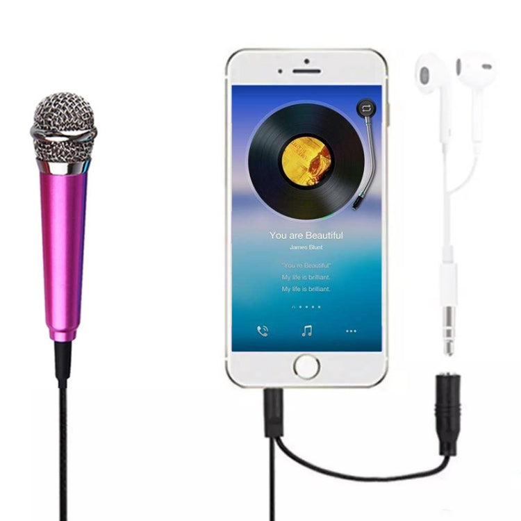 3.5mm Male + 3.5mm Female Ports Mini Household Mobile Phone Sing Song Metal Condenser Microphone, Compatible with IOS / Android System(Magenta)