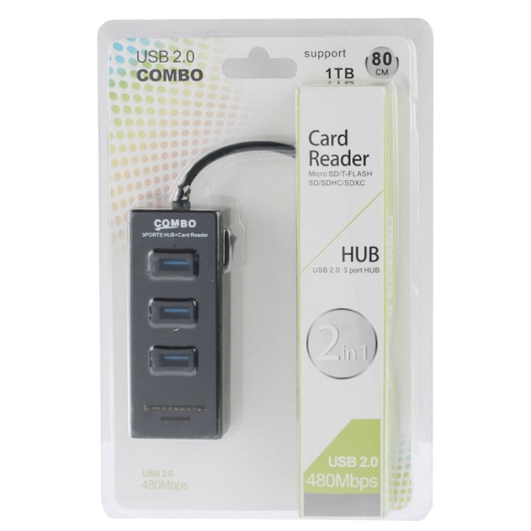 2 in 1 USB 2.0 TF/SD Card Reader & 3-port HUB, Cable Length: 80cm(Black)
