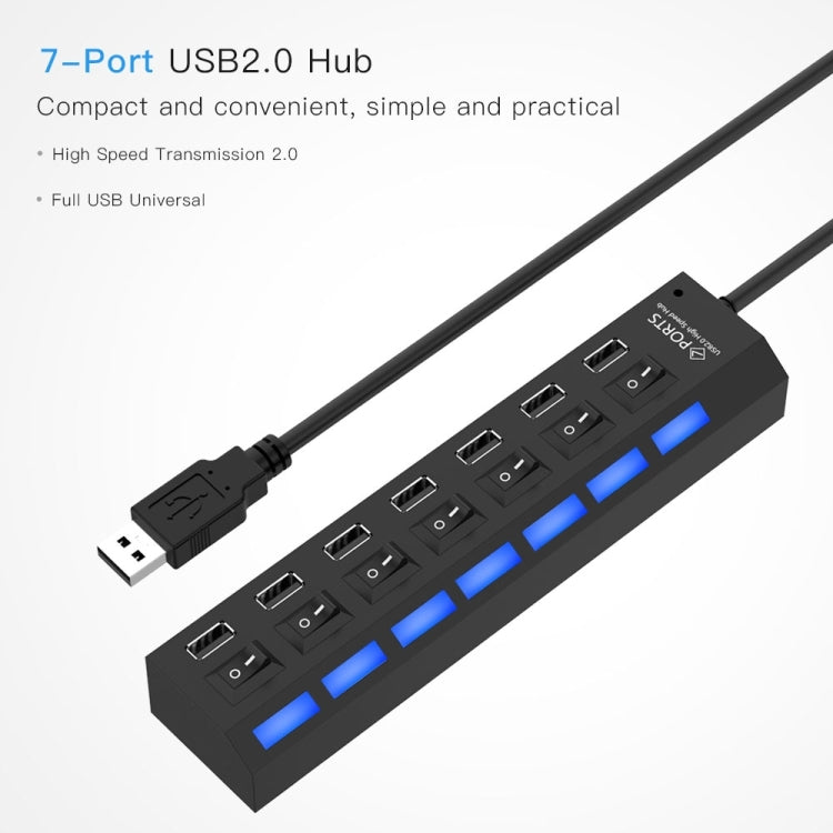 7 Ports USB Hub 2.0 USB Splitter High Speed 480Mbps with ON/OFF Switch / 7 LEDs(Black)