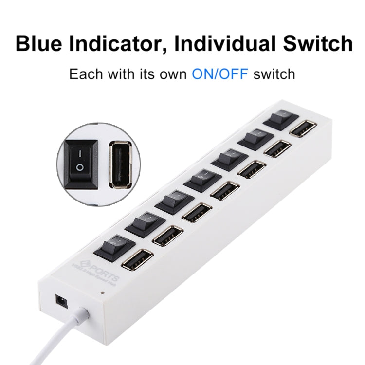 7 Ports USB Hub 2.0 USB Splitter High Speed 480Mbps with ON/OFF Switch / 7 LEDs(White)