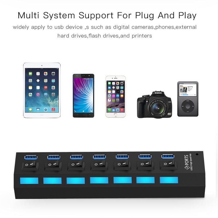 7 Ports USB 3.0 HUB, Super Speed 5Gbps, Plug and Play, Support 1TB(Black)